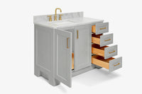 Ariel taylor (42" & 43") left offset single rectangle sink vanity with marble (0.75"& 1.5") countertop.