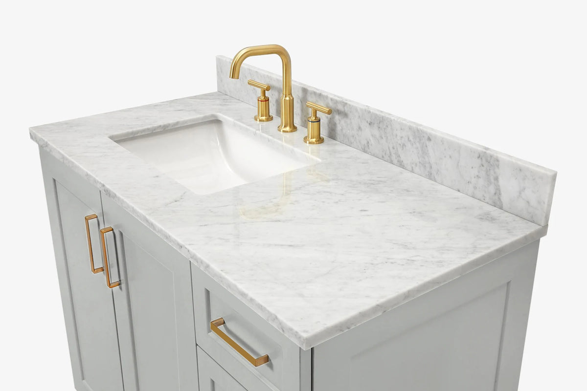 Ariel taylor (42" & 43") left offset single rectangle sink vanity with marble (0.75"& 1.5") countertop.