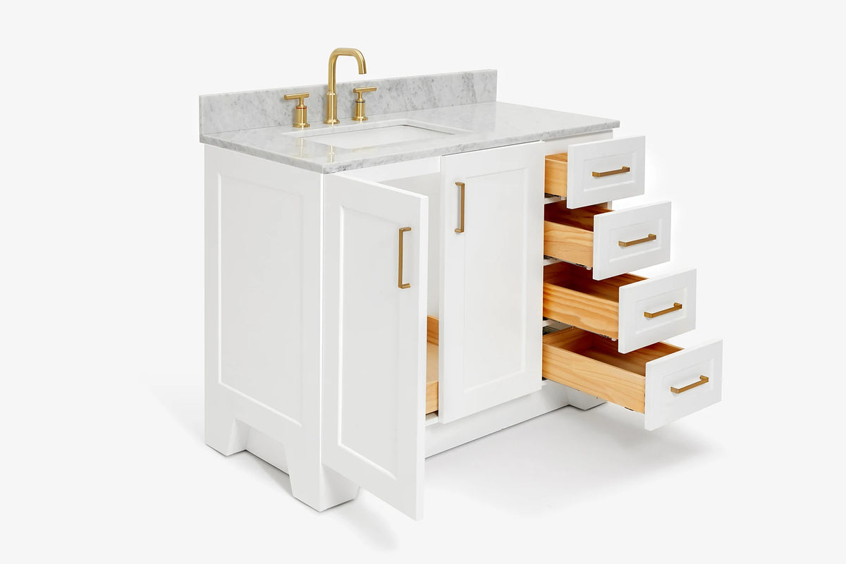 Ariel taylor (42" & 43") left offset single rectangle sink vanity with marble (0.75"& 1.5") countertop.