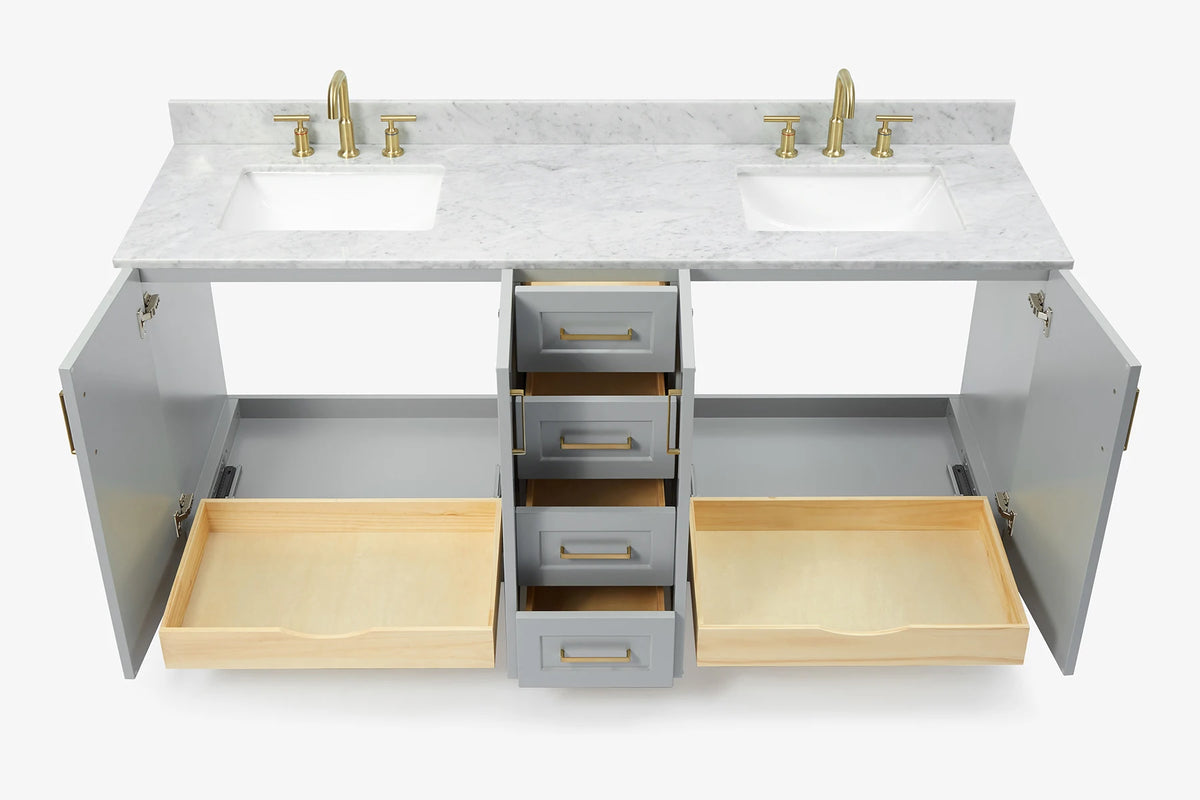 Ariel taylor (72"& 73") double rectangle sink vanity with marble (0.75" & 1.5") countertop.