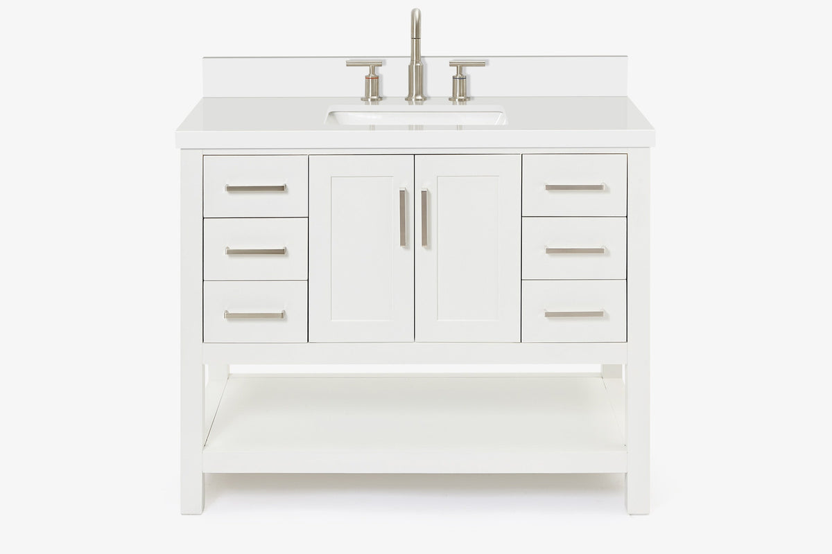 Ariel magnolia 43 in. rectangle sink vanity with 1.5 in. carrara white countertop in white