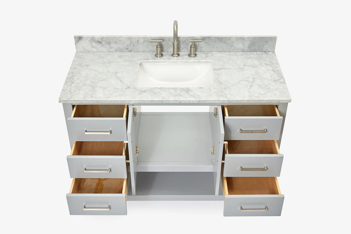 Ariel magnolia 49 in. rectangle sink vanity with 0.75 in. carrara white marble countertop in white