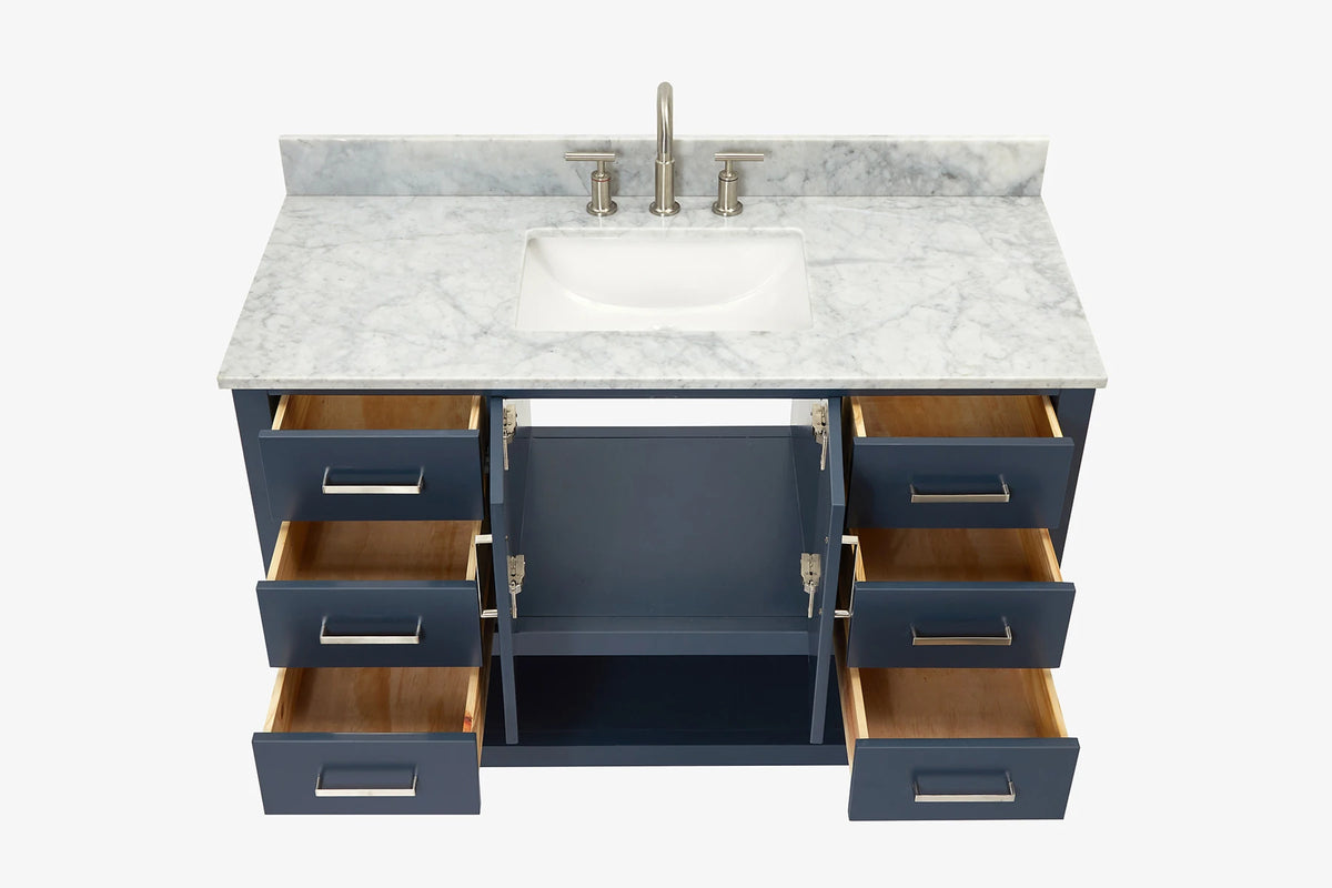 Ariel magnolia 49 in. rectangle sink vanity with 0.75 in. carrara white marble countertop in white