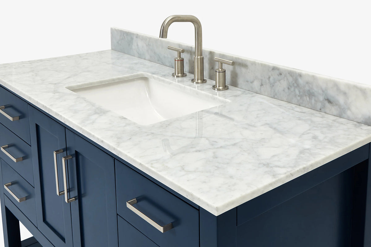 Ariel magnolia 49 in. rectangle sink vanity with 0.75 in. carrara white marble countertop in white