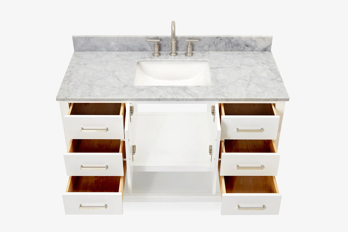 Ariel magnolia 49 in. rectangle sink vanity with 0.75 in. carrara white marble countertop in white