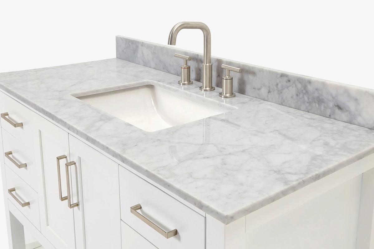 Ariel magnolia 49 in. rectangle sink vanity with 0.75 in. carrara white marble countertop in white