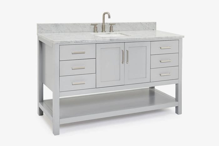 Ariel magnolia 61 in. rectangle sink vanity with 0.75 in. carrara white marble countertop in white