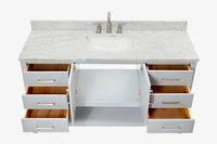 Ariel magnolia 61 in. rectangle sink vanity with 0.75 in. carrara white marble countertop in white