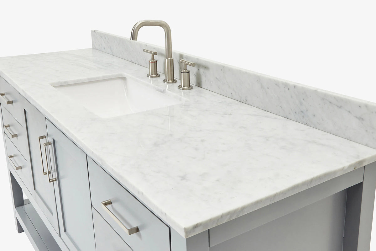 Ariel magnolia 61 in. rectangle sink vanity with 0.75 in. carrara white marble countertop in white
