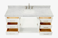Ariel magnolia 61 in. rectangle sink vanity with 0.75 in. carrara white marble countertop in white