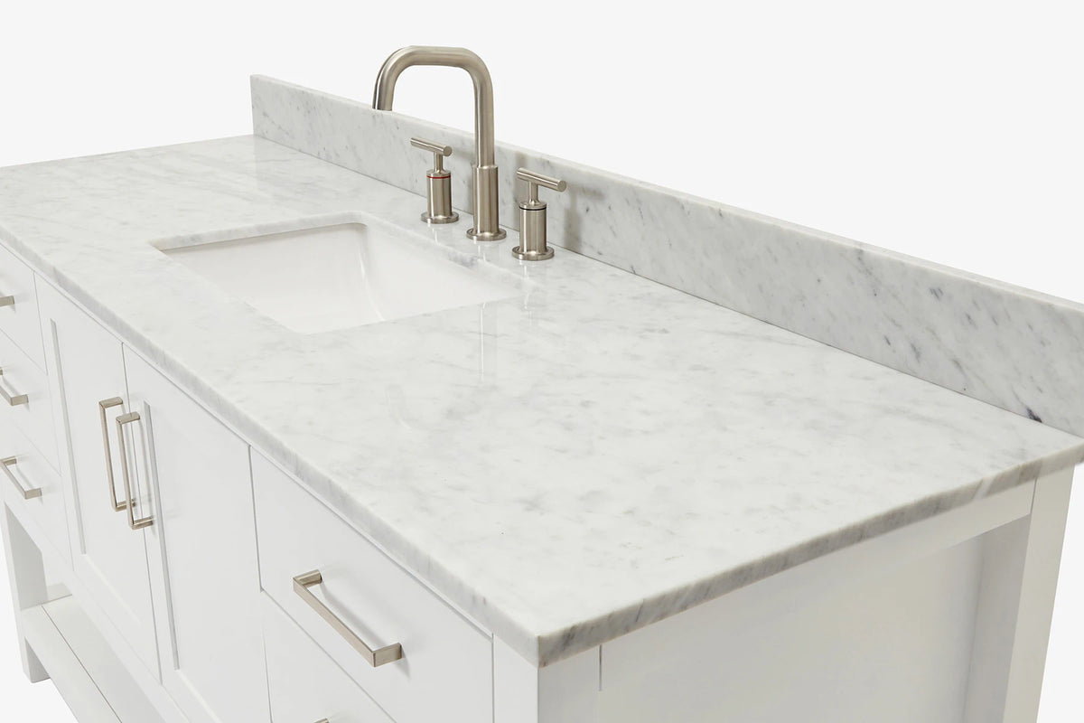 Ariel magnolia 61 in. rectangle sink vanity with 0.75 in. carrara white marble countertop in white