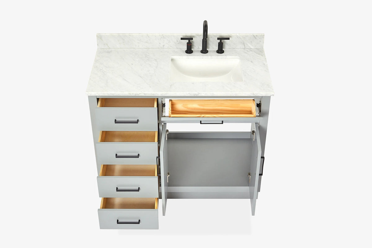Ariel hepburn 43 in. right offset rectangle sink vanity with 0.75 in. carrara white countertop in white