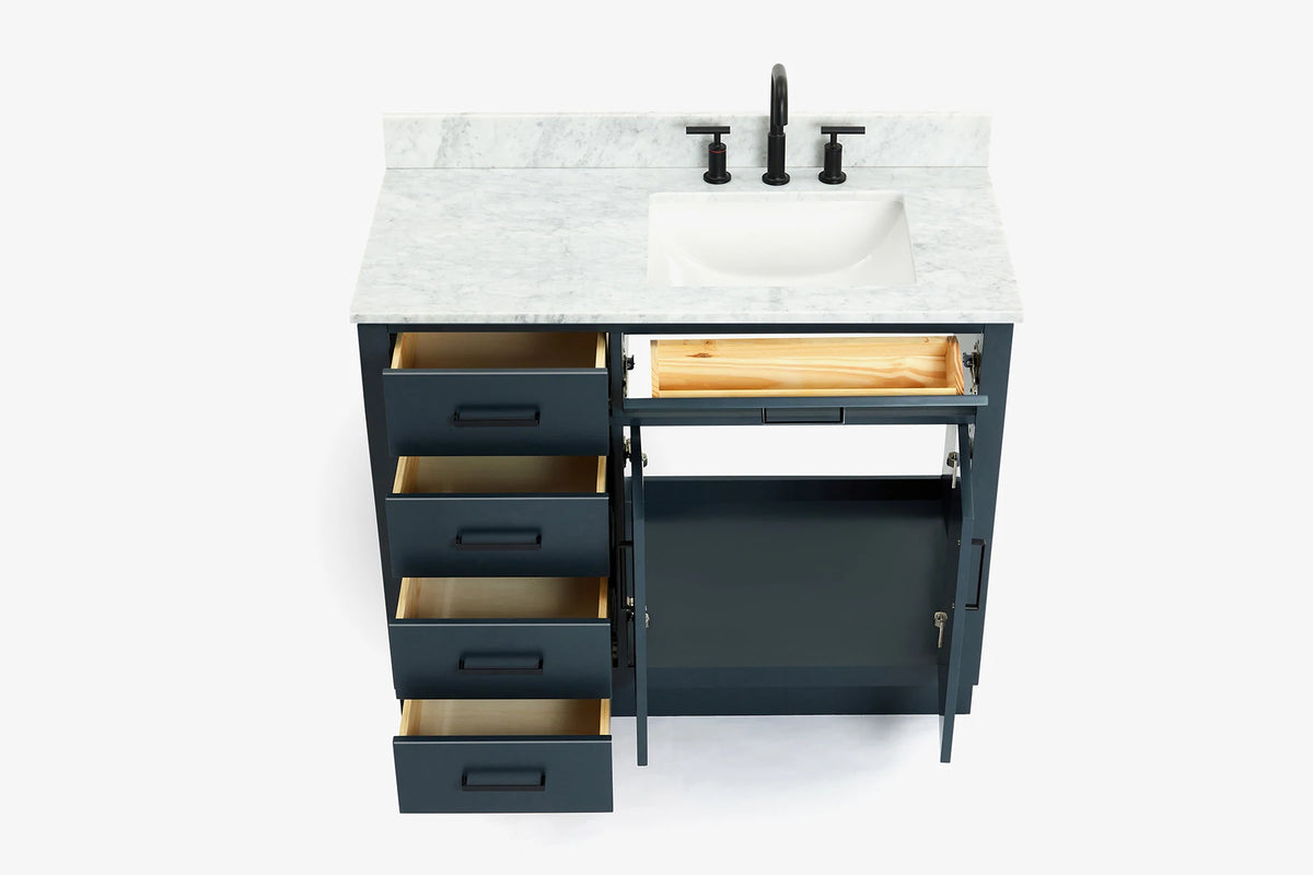 Ariel hepburn 43 in. right offset rectangle sink vanity with 0.75 in. carrara white countertop in white