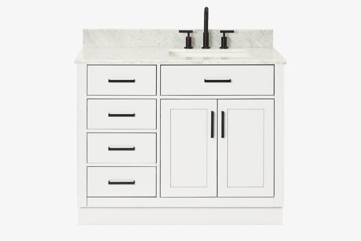 Ariel hepburn 43 in. right offset rectangle sink vanity with 0.75 in. carrara white countertop in white