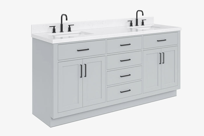 Ariel hepburn 72 in. double rectangle sink bathroom vanity with carrara white quartz countertop 1.5 edge in grey