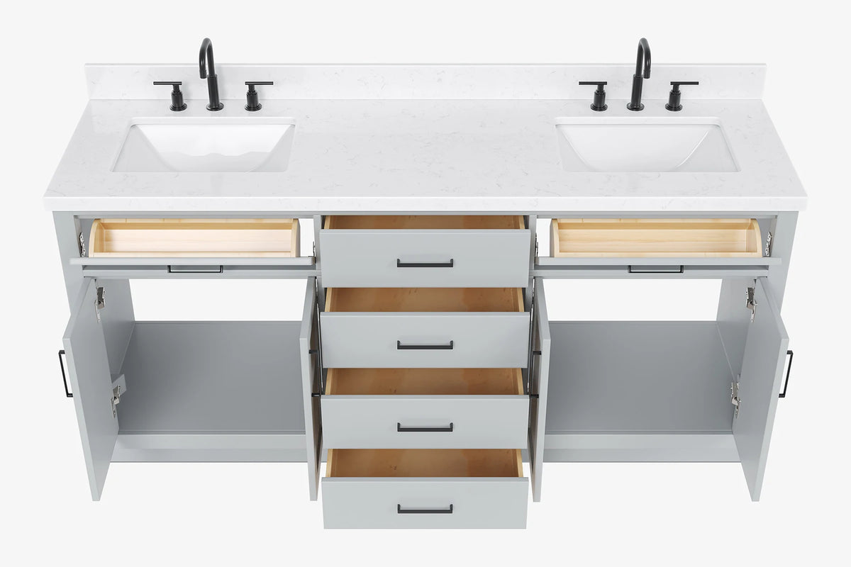Ariel hepburn 72 in. double rectangle sink bathroom vanity with carrara white quartz countertop 1.5 edge in grey
