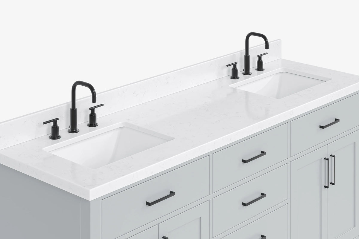Ariel hepburn 72 in. double rectangle sink bathroom vanity with carrara white quartz countertop 1.5 edge in grey
