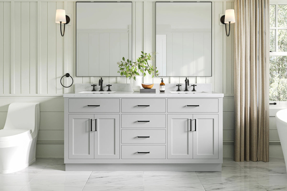 Ariel hepburn 72 in. double rectangle sink bathroom vanity with carrara white quartz countertop 1.5 edge in grey