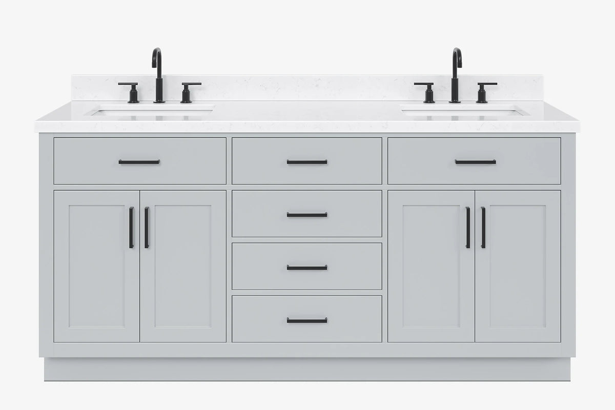 Ariel hepburn 72 in. double rectangle sink bathroom vanity with carrara white quartz countertop 1.5 edge in grey