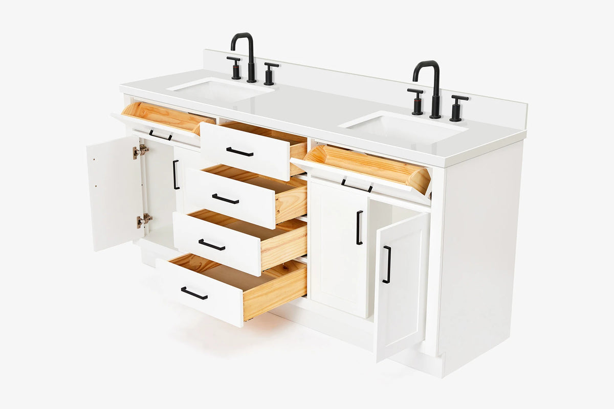 Ariel hepburn 73 in. double rectangle sink vanity with white quartz countertop in white