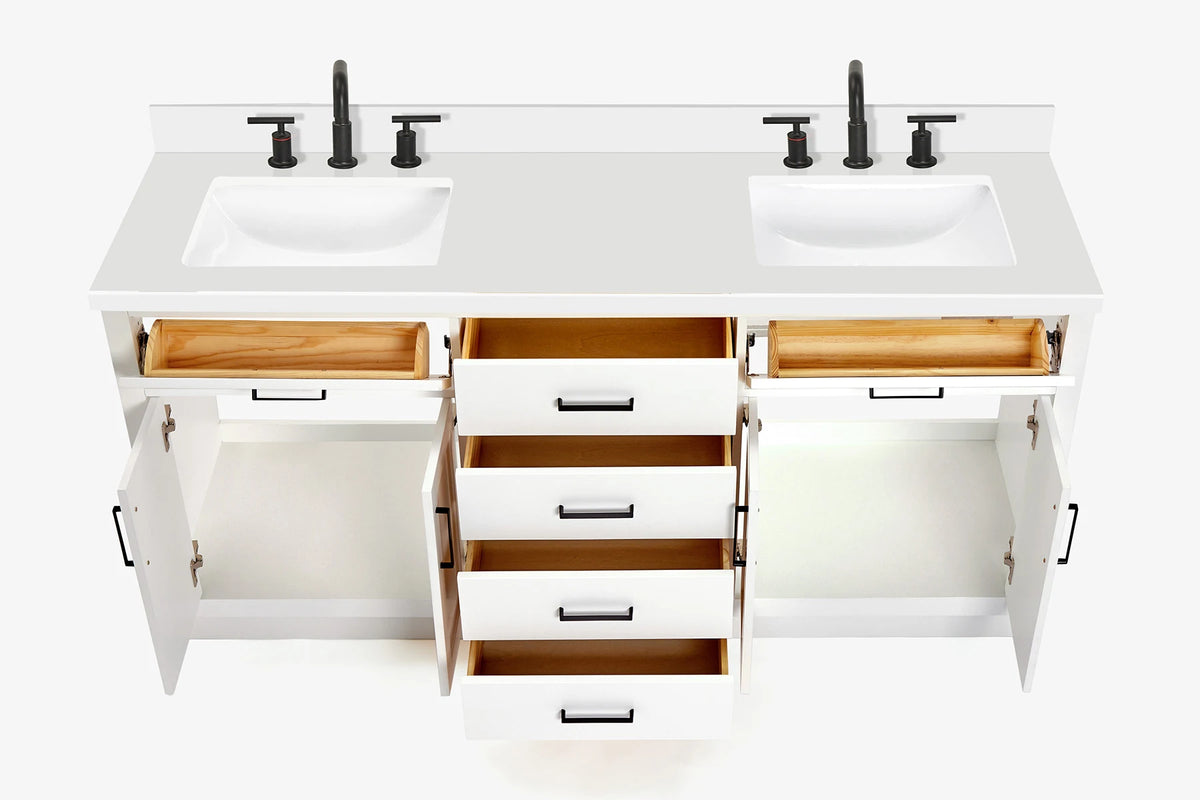 Ariel hepburn 73 in. double rectangle sink vanity with white quartz countertop in white