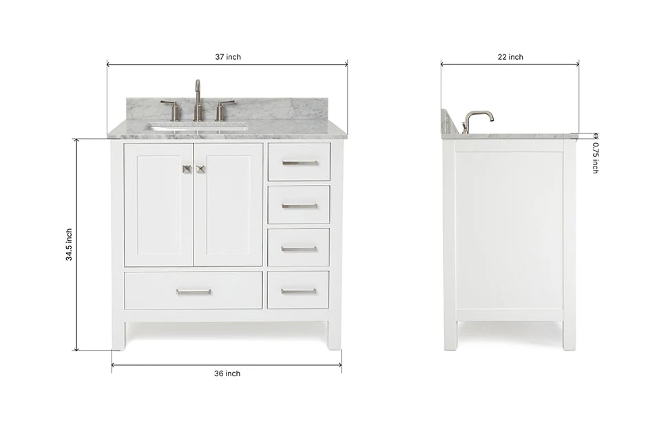 Ariel cambridge 36-37 in. left offset rectangle single sink vanity with (0.75,1.5,2) in countertop