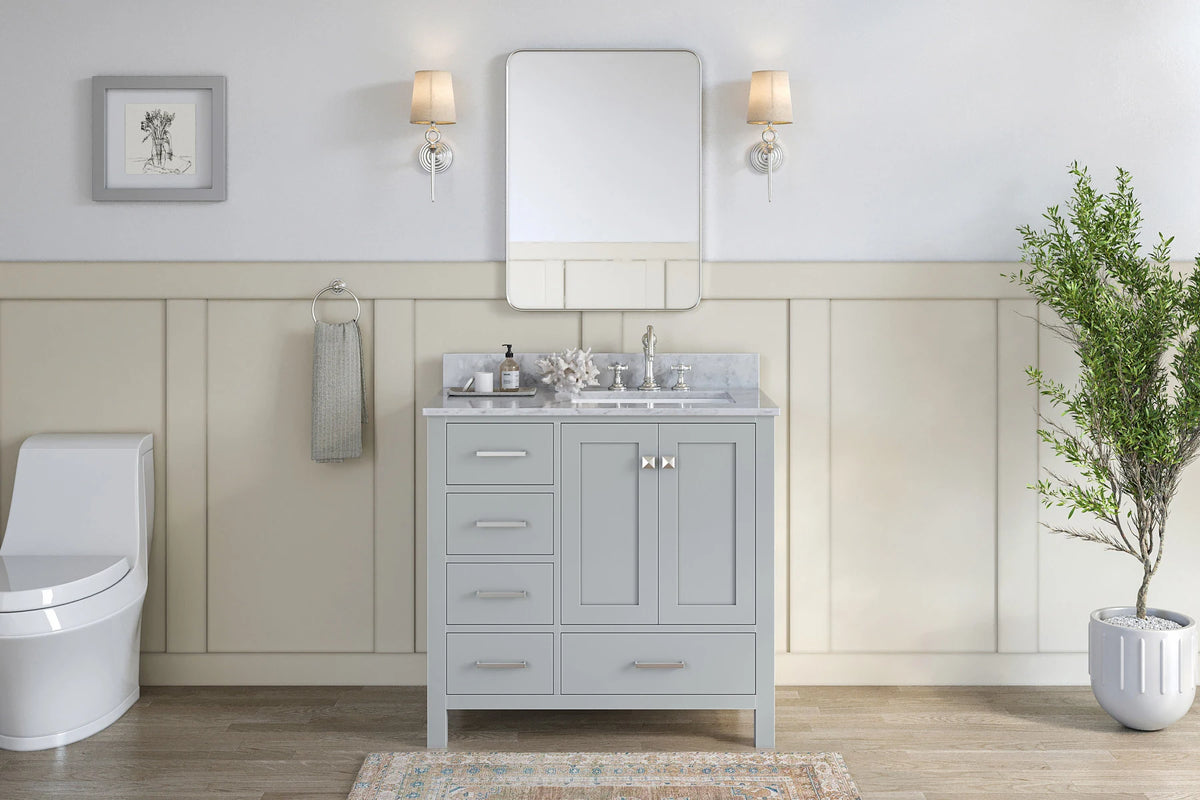 Ariel cambridge 37 in. right offset rectangle single sink vanity with carrara white marble 0.75 in countertop in white