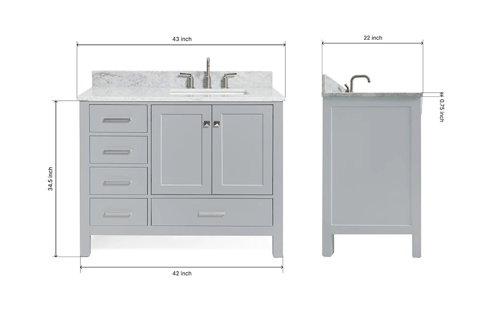 Ariel cambridge 36-37 in. right offset rectangle single sink vanity with carrara (0.75,1.5,2) in countertop