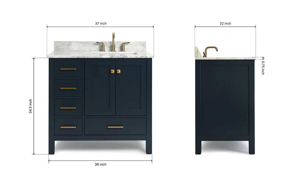 Ariel cambridge 36-37 in. right offset rectangle single sink vanity with carrara (0.75,1.5,2) in countertop