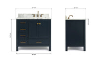 Ariel cambridge 36-37 in. right offset rectangle single sink vanity with carrara (0.75,1.5,2) in countertop