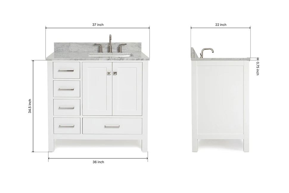 Ariel cambridge 36-37 in. right offset rectangle single sink vanity with carrara (0.75,1.5,2) in countertop