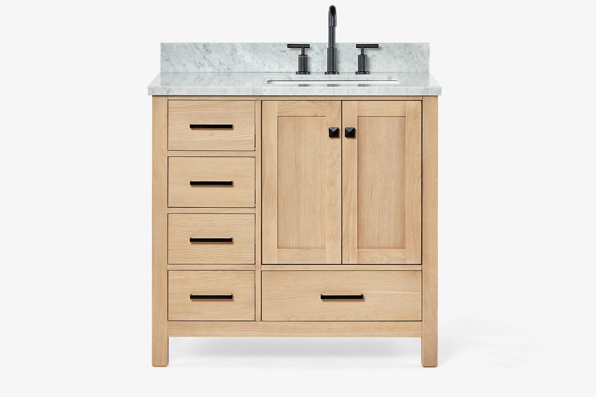 Ariel cambridge 36-37 in. right offset rectangle single sink vanity with carrara (0.75,1.5,2) in countertop