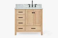 Ariel cambridge 36-37 in. right offset rectangle single sink vanity with carrara (0.75,1.5,2) in countertop