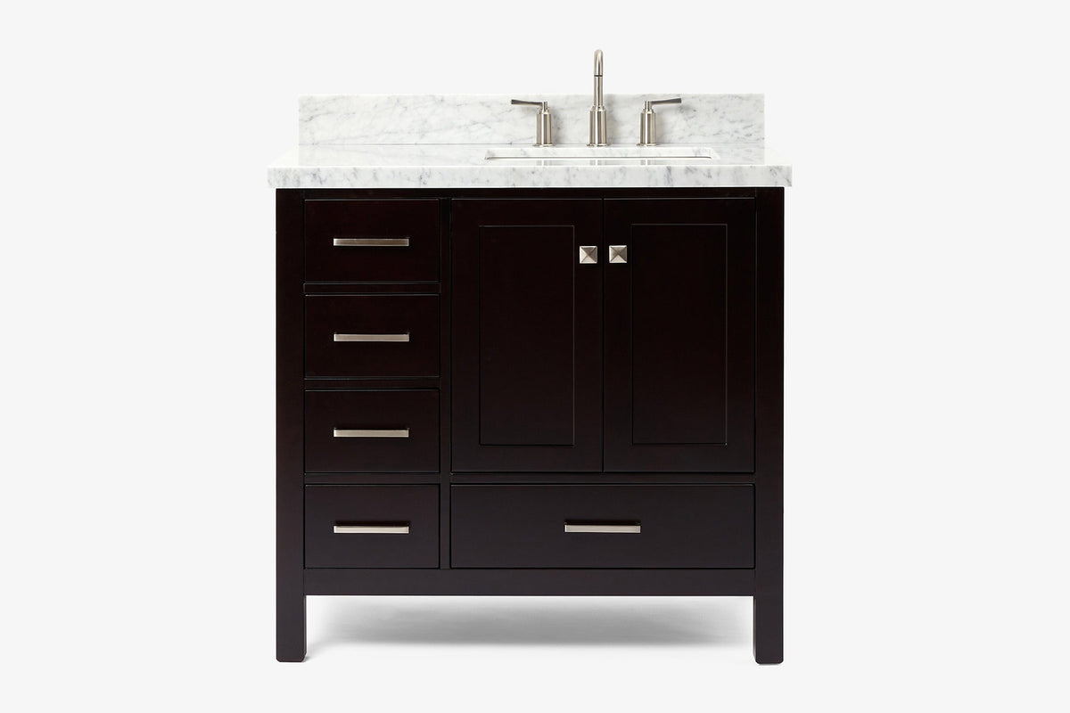 Ariel cambridge 37 in. right offset rectangle single sink vanity with carrara white marble 0.75 in countertop in white