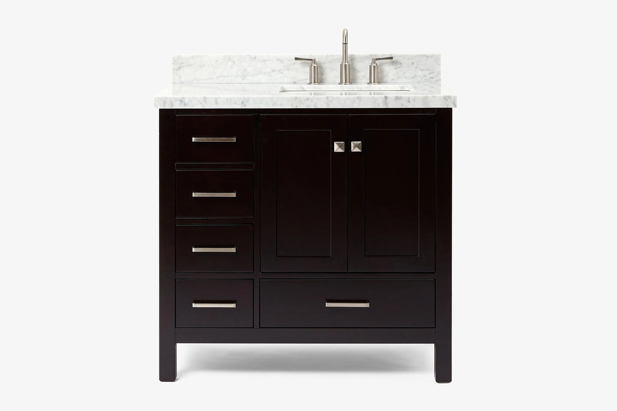 Ariel cambridge 36-37 in. right offset rectangle single sink vanity with carrara (0.75,1.5,2) in countertop