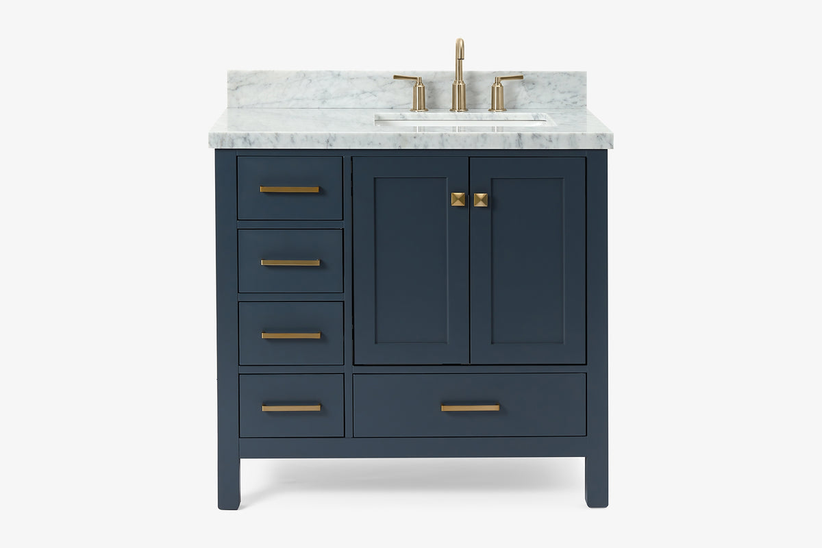 Ariel cambridge 37 in. right offset rectangle single sink vanity with carrara white marble 0.75 in countertop in white