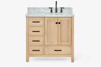 Ariel cambridge 36-37 in. right offset rectangle single sink vanity with carrara (0.75,1.5,2) in countertop