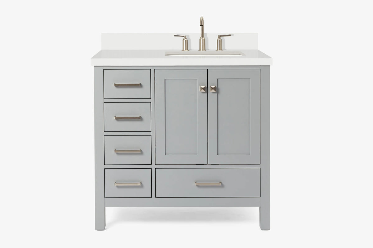 Ariel cambridge 36-37 in. right offset rectangle single sink vanity with carrara (0.75,1.5,2) in countertop