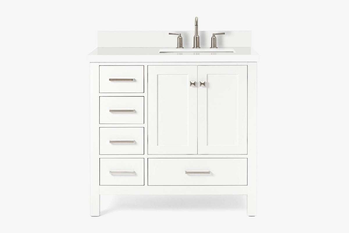 Ariel cambridge 36-37 in. right offset rectangle single sink vanity with carrara (0.75,1.5,2) in countertop
