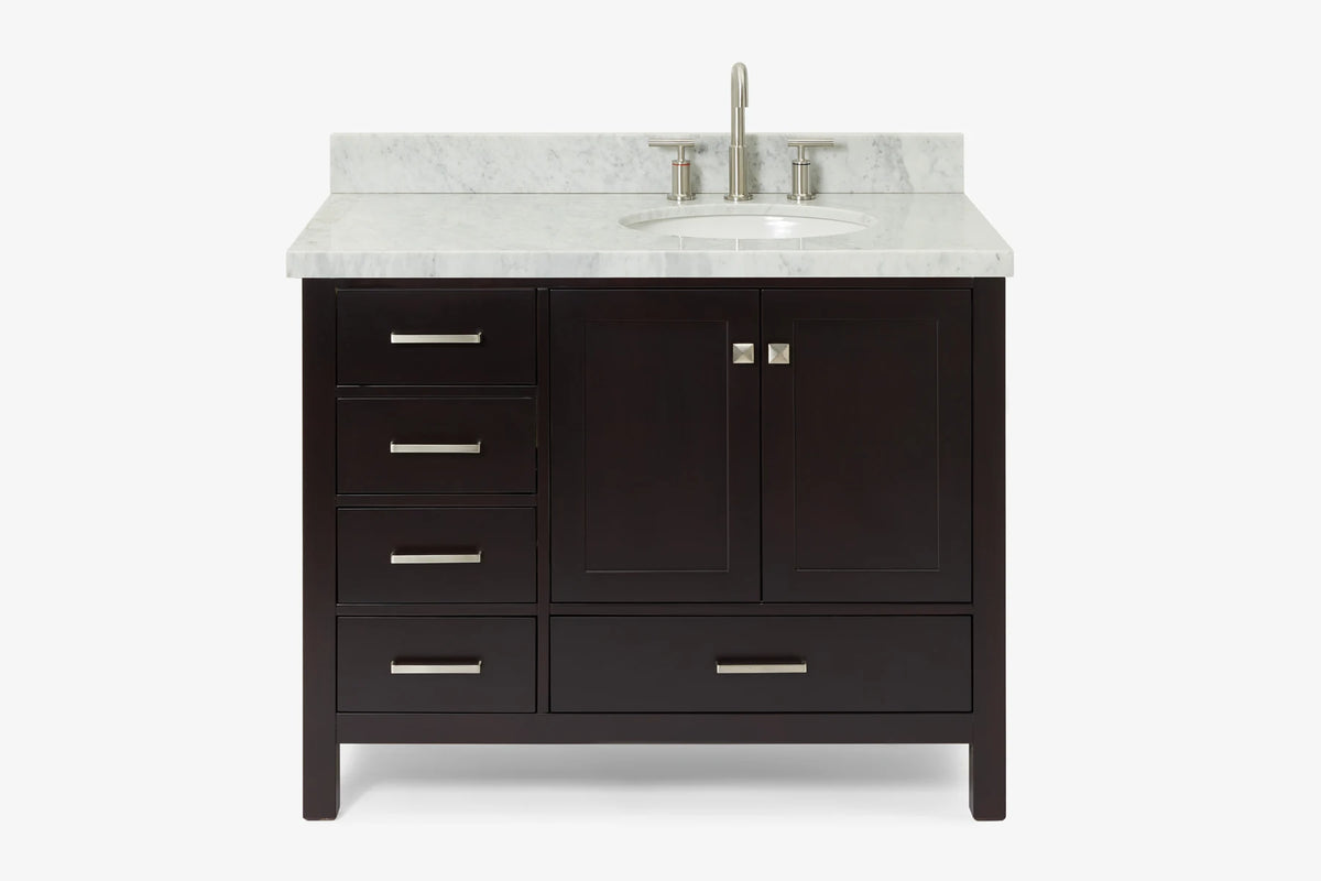 Ariel cambridge(42"&43") in. right offset oval single sink vanity with  marble (0.75",1.5"& 2") in countertop