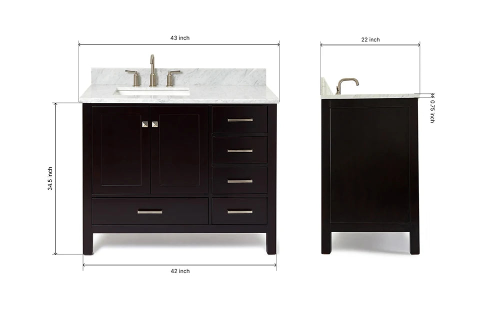 Ariel cambridge (43" & 42") left offset rectangle single sink vanity with marble (0.75", 1.5" & 2") in countertop