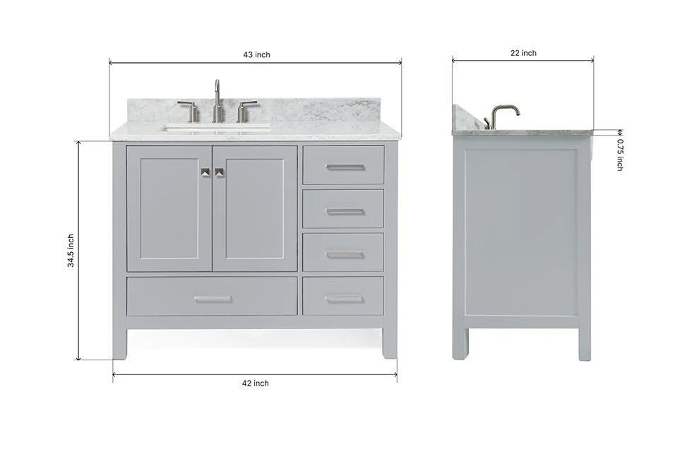 Ariel cambridge (43" & 42") left offset rectangle single sink vanity with marble (0.75", 1.5" & 2") in countertop
