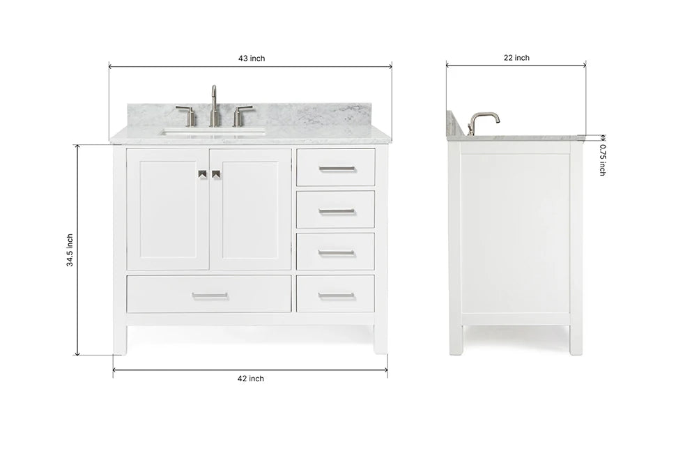 Ariel cambridge (43" & 42") left offset rectangle single sink vanity with marble (0.75", 1.5" & 2") in countertop