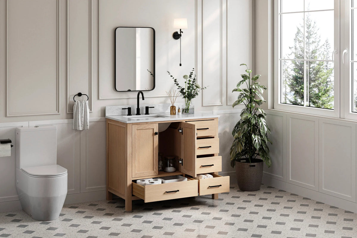 Ariel cambridge (43" & 42") left offset rectangle single sink vanity with marble (0.75", 1.5" & 2") in countertop