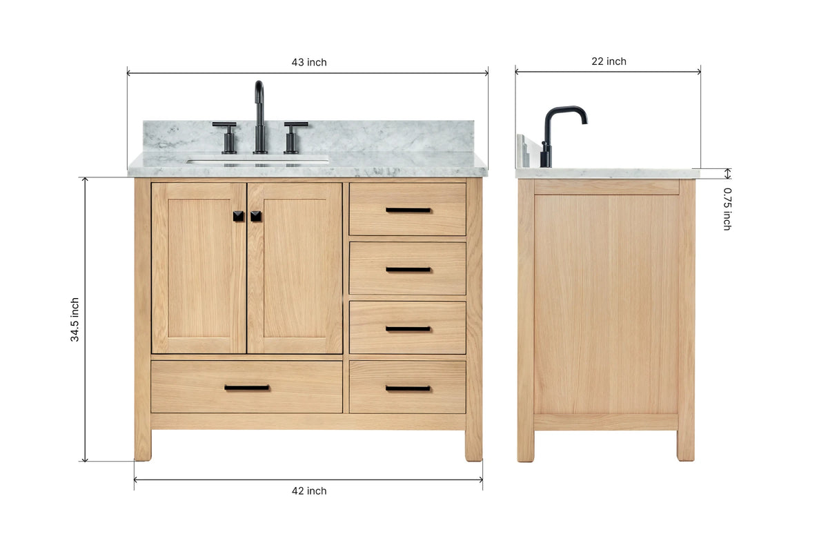 Ariel cambridge (43" & 42") left offset rectangle single sink vanity with marble (0.75", 1.5" & 2") in countertop