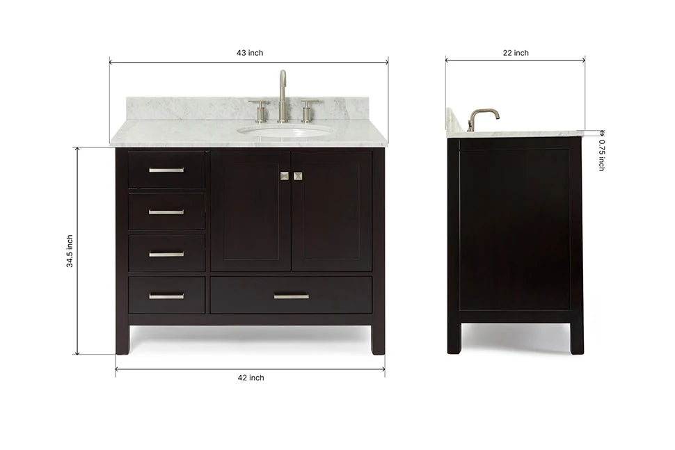 Ariel cambridge(42"&43") in. right offset oval single sink vanity with  marble (0.75",1.5"& 2") in countertop