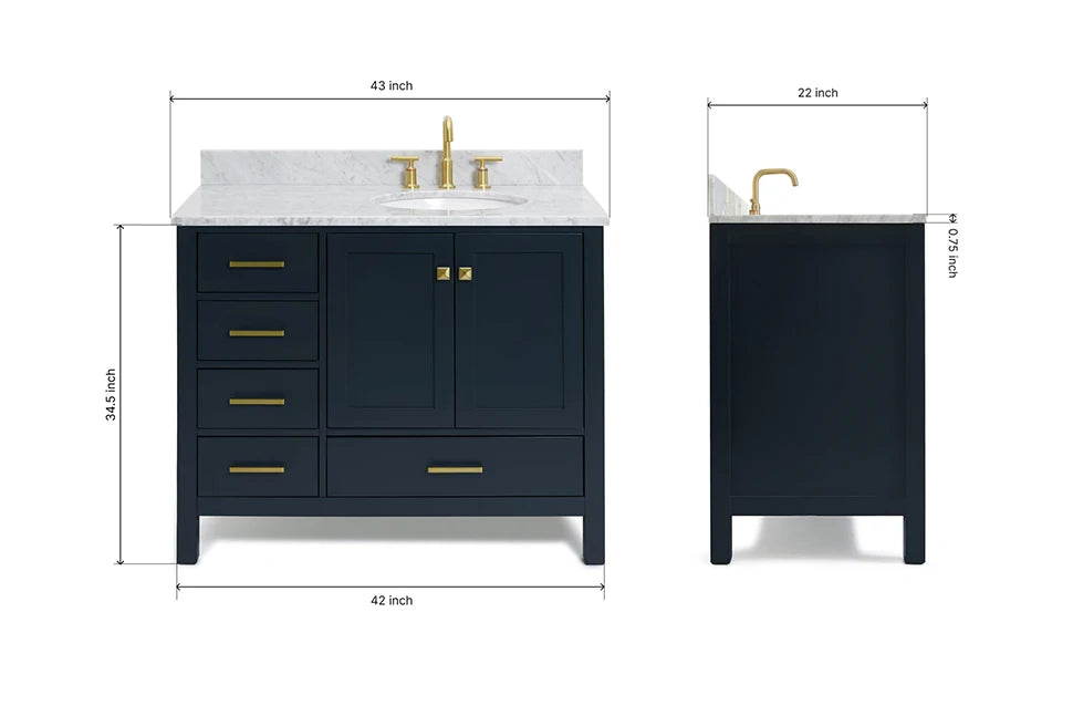 Ariel cambridge(42"&43") in. right offset oval single sink vanity with  marble (0.75",1.5"& 2") in countertop