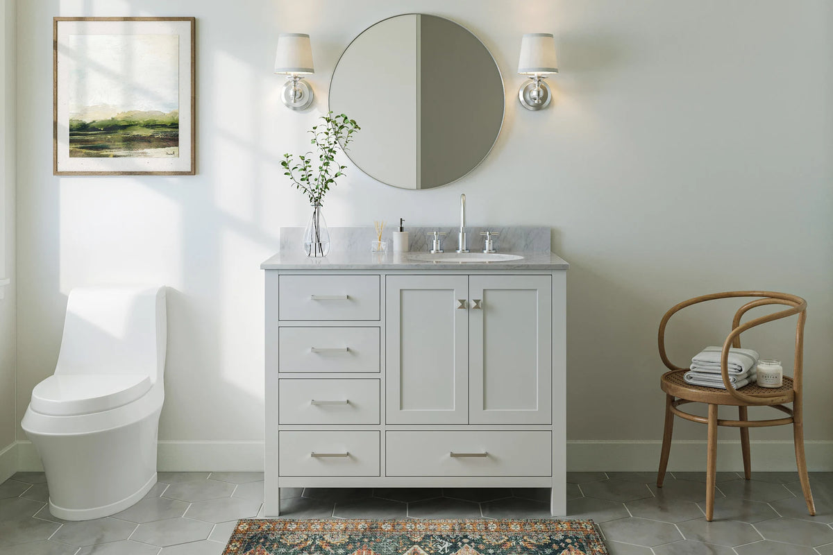 Ariel cambridge(42"&43") in. right offset oval single sink vanity with  marble (0.75",1.5"& 2") in countertop