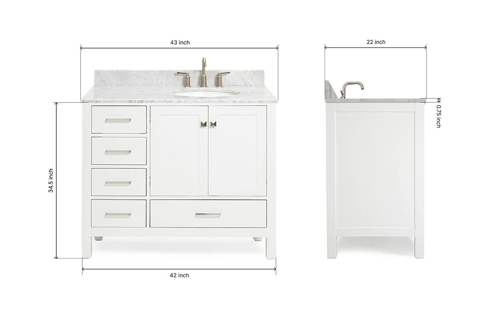 Ariel cambridge(42"&43") in. right offset oval single sink vanity with  marble (0.75",1.5"& 2") in countertop