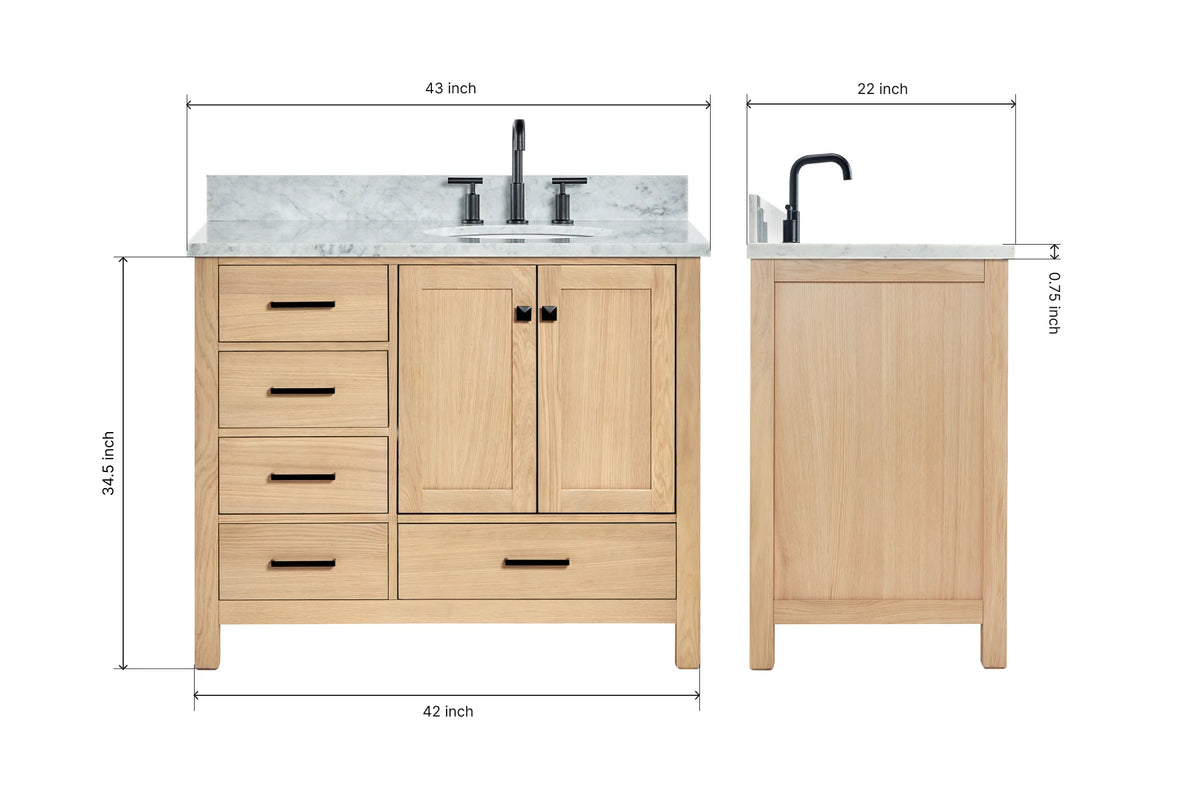 Ariel cambridge(42"&43") in. right offset oval single sink vanity with  marble (0.75",1.5"& 2") in countertop
